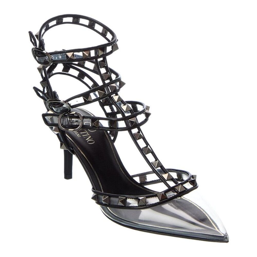 Valentino Rockstud Caged 65 Vinyl & Leather Ankle Strap Pump, Black